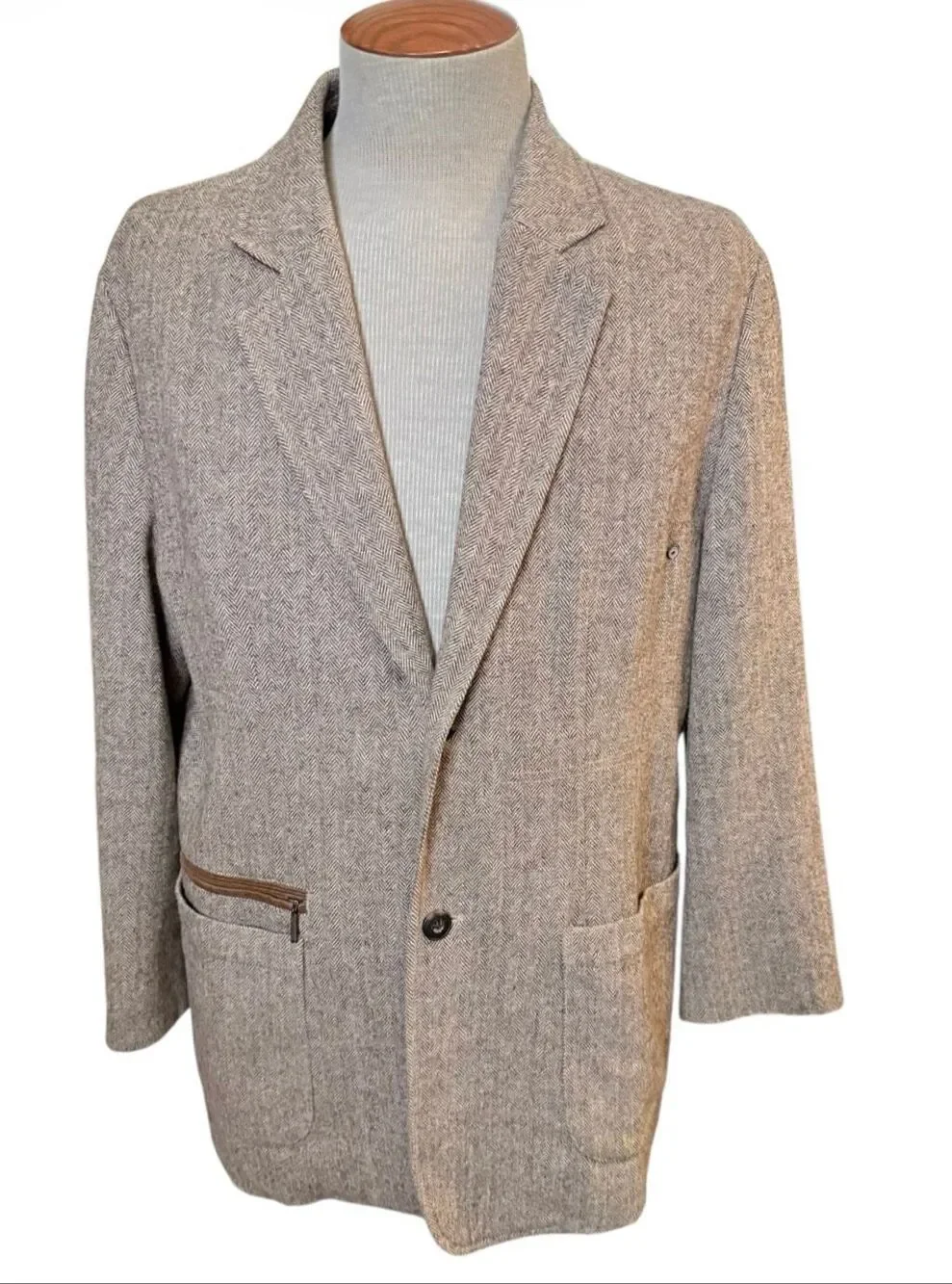 Tommy Bahama Brown Wool Blend Herringbone Tweed Blazer Elbow Patches 2 Btn Large